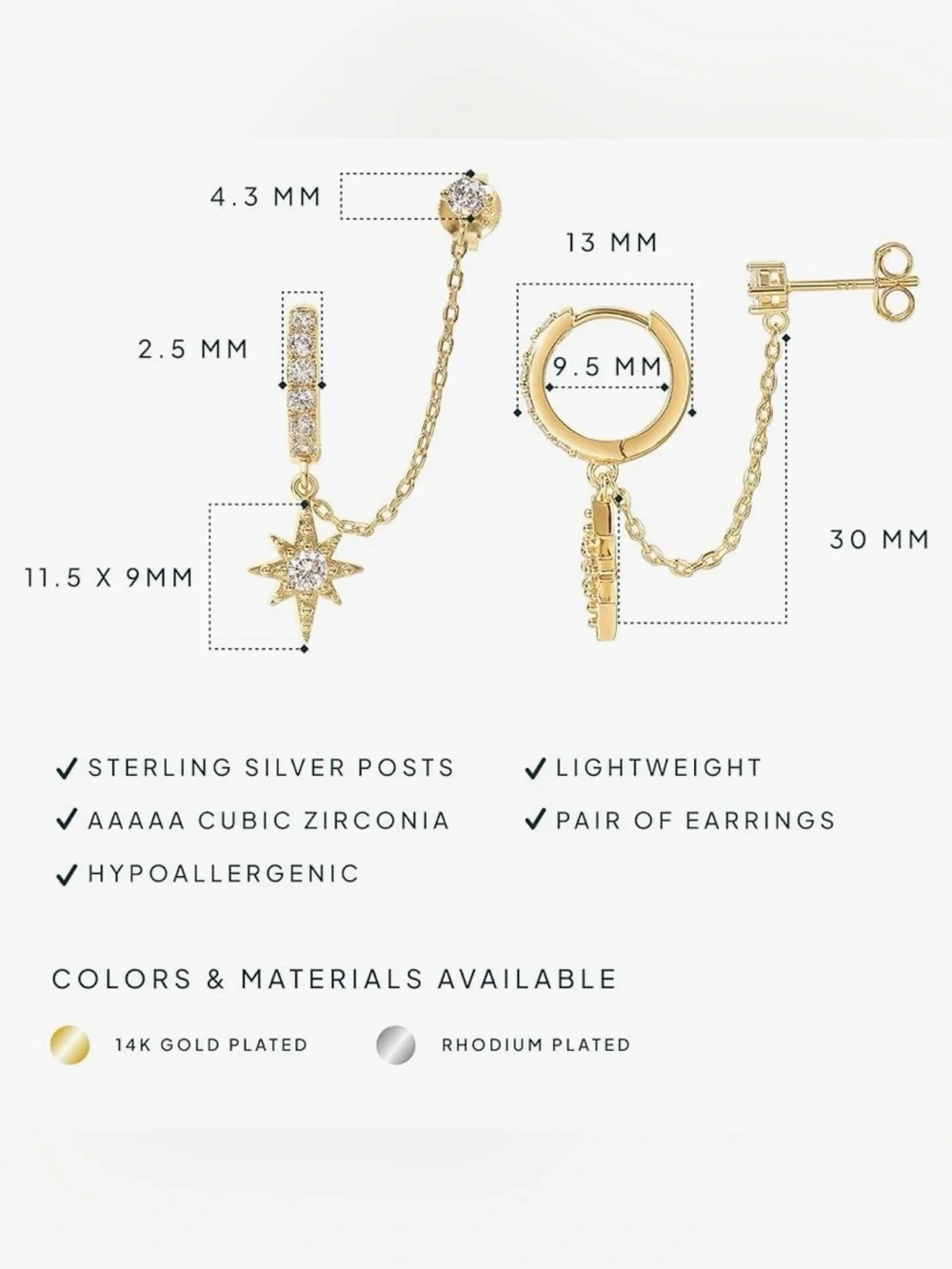 Anthropologie Gold Plated Starburst Chain Huggie Earrings with Clear Crystals